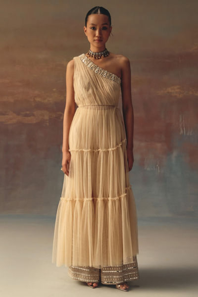 Peach embellished palazzo pants