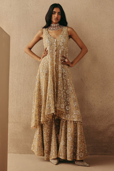 Golden applique embroidered pants