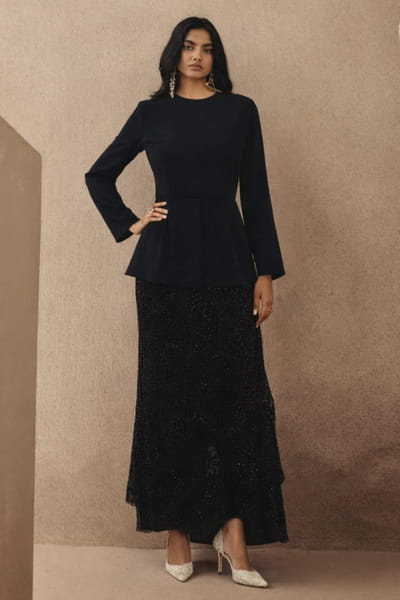 Black mirror embellished skirt