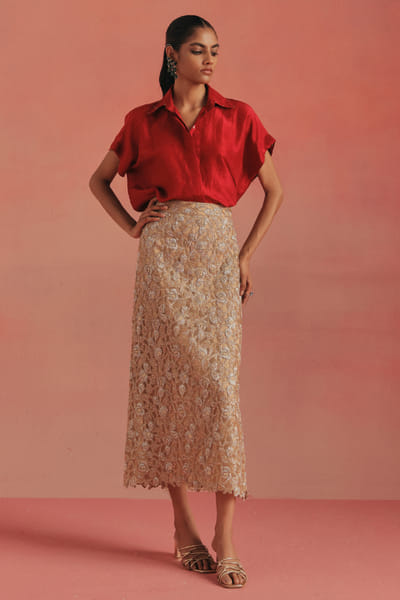 Twenty Nine Gold bead cutwork pencil skirt TWENAUG26D253293