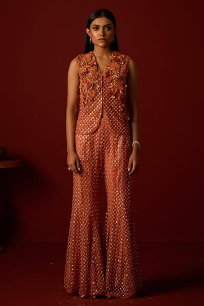 Rust mirror embroidered sharara