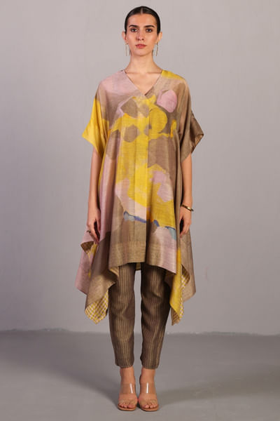 Beige and bright yellow printed kurta set