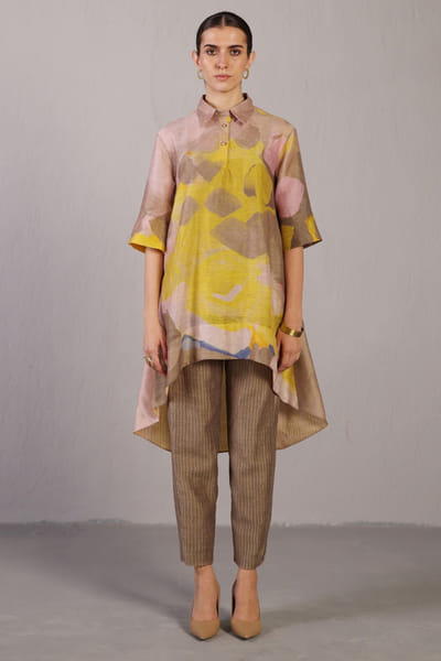 Smoky beige and yellow printed kurta set