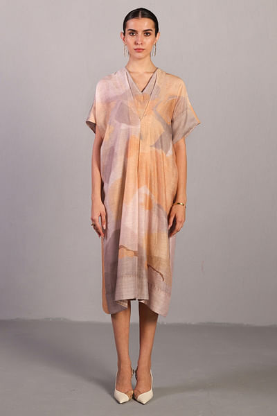 Soft grey and orange pleated dress