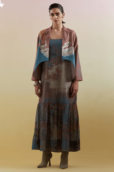 CLOS Brown and blue printed linen silk jacket set CLOSJUL26D149224