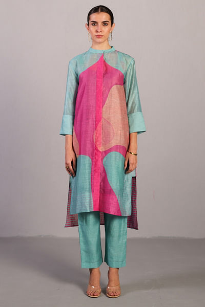 Pink and blue brushstroke printed kurta set