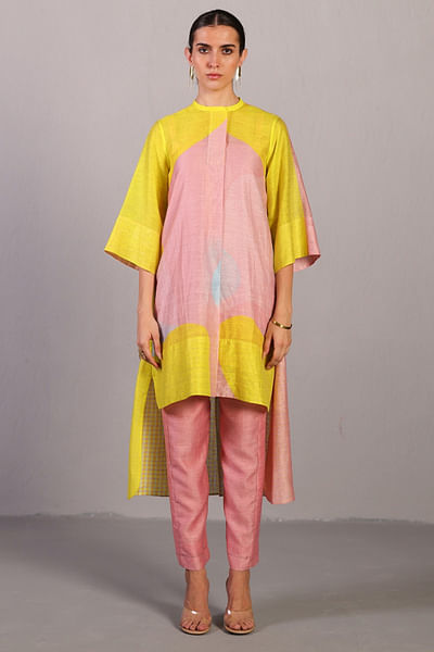 Soft pink and bright yellow printed kurta set