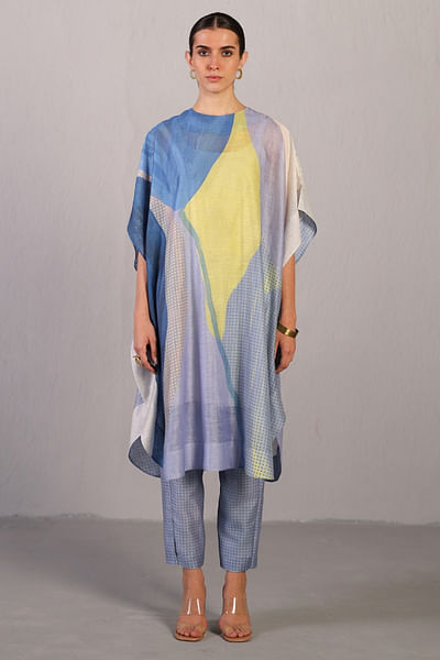 Blueberry and coral yellow printed kaftan set