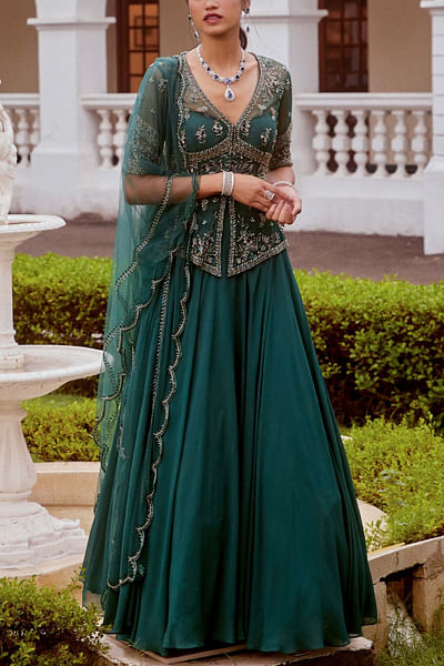 Teal embroidered peplum and lehenga set
