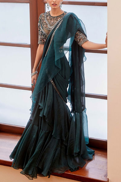 Teal embroidered ruffle sari set