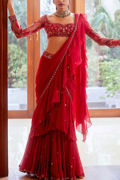 Fuchsia pre-stitched sari set