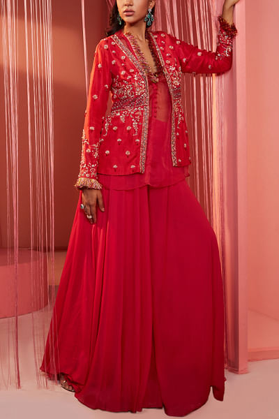 Coral red silk peplum jacket and palazzos