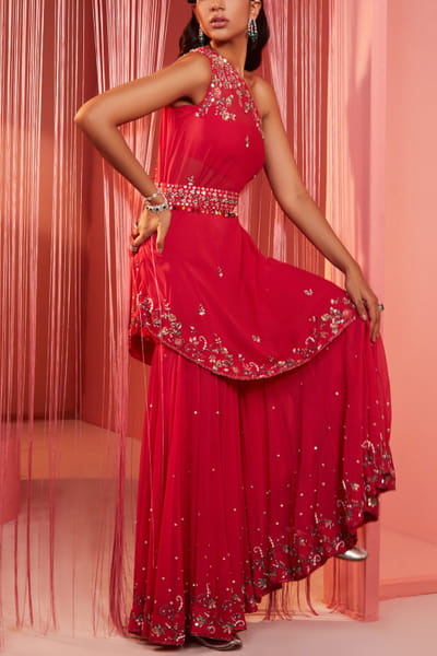 Coral red one shoulder kurta and sharara set