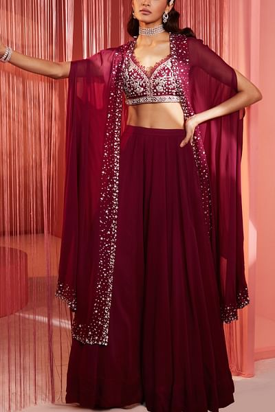 Plum embroidered palazzo and cape set