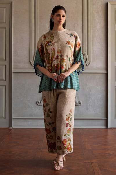 Kalista Beige and sea green printed tunic set KALIJUL26D150690