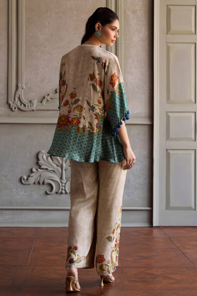 Kalista Beige and sea green printed tunic set KALIJUL26D150690
