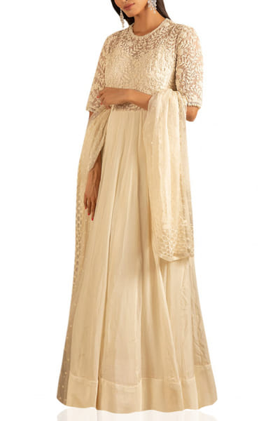 Ivory embroidered organza anarkali ensemble