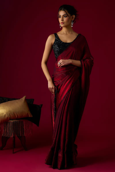 Burgundy crystal-embellished tissue sari set