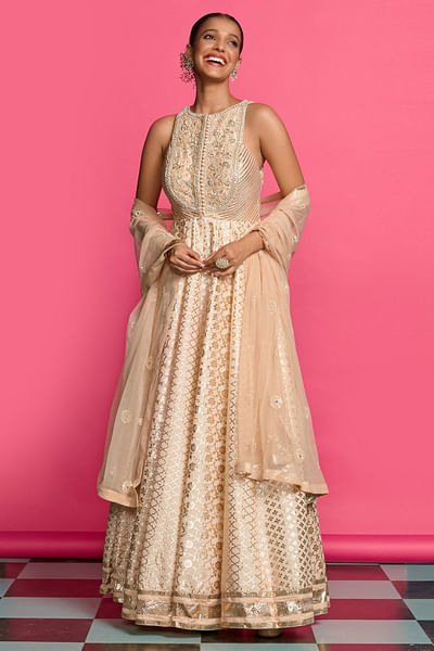 Rose gold dabka embroidered anarkali set