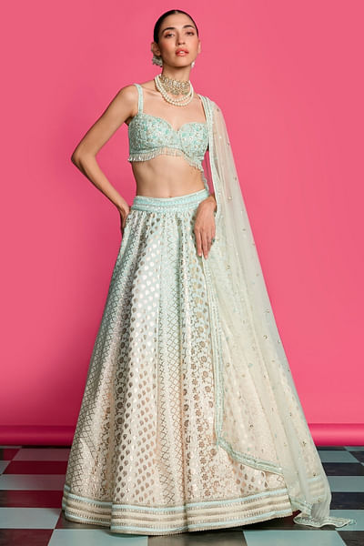 Ivory-blue ombre dyed embroidery lehenga set