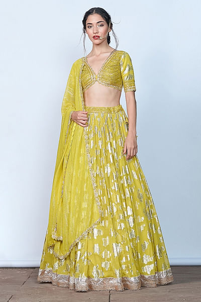 Green floral woven lehenga set