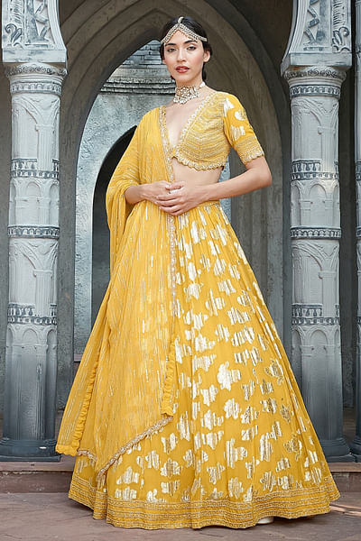 Yellow floral woven lehenga set