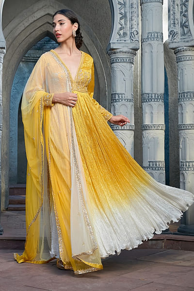 Yellow and off-white ombre dyed anarkali set
