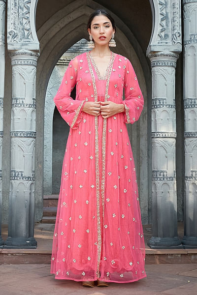 Pink floral embroidery jacket and anarkali set