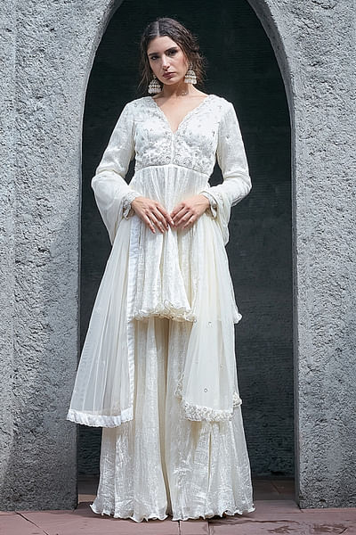 Ivory crinkled sharara set