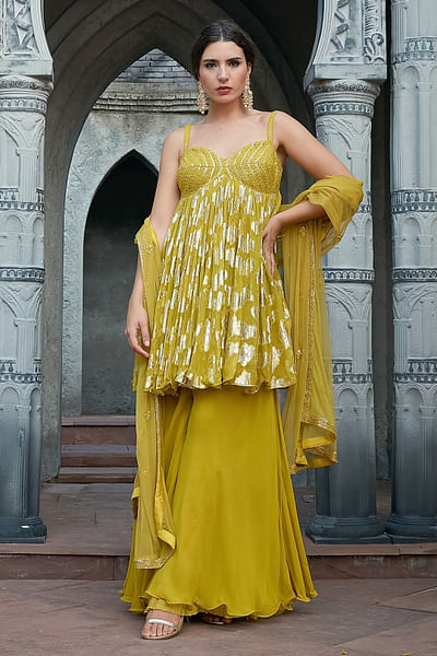Green floral woven peplum kurta sharara set