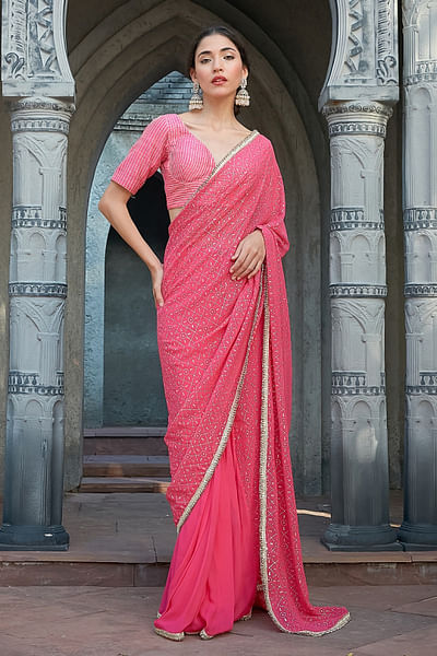 Pink geometrical mukaish pre-draped sari set
