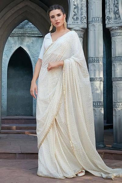 Ivory geometrical mukaish pre-draped sari set