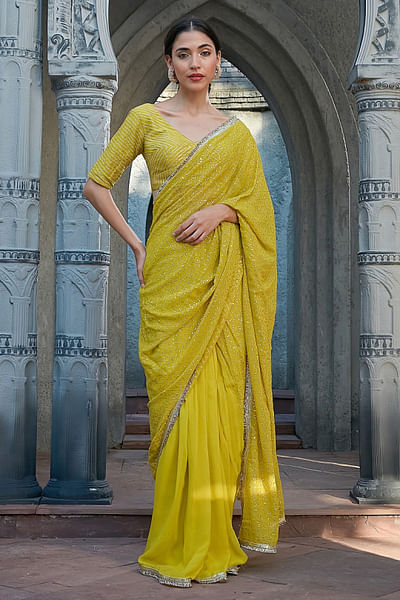 Green geometrical mukaish pre-draped sari set