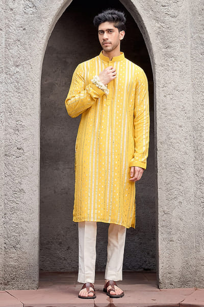 Yellow zari detailed kurta set