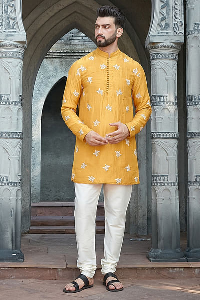 Mustard floral embroidered short kurta set