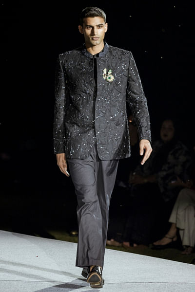 Black floral tonal embellished bandhgala set