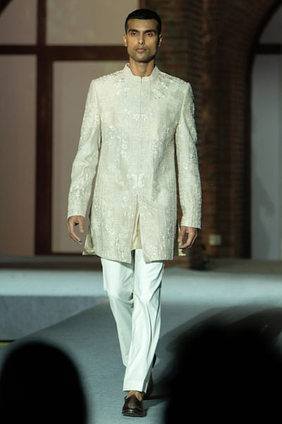 Champagne tonal embroidery sherwani set