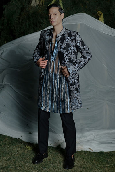 Black floral and leaf embroidered sherwani set