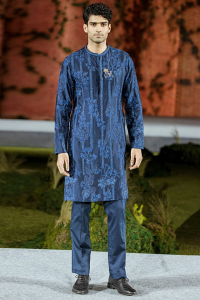 Navy blue floral embroidered kurta set