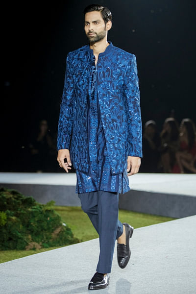 Navy blue floral tonal embroidery sherwani set