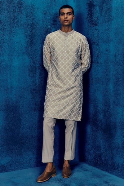 Champagne check embroidered kurta set