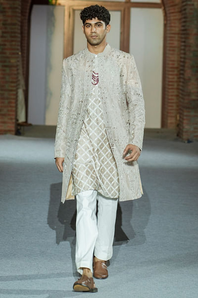 Champagne floral embroidered sherwani set