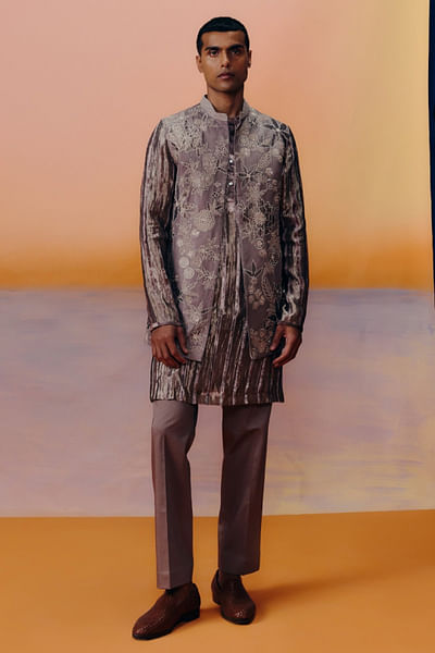 Rose brown floral embroidered bandi kurta set