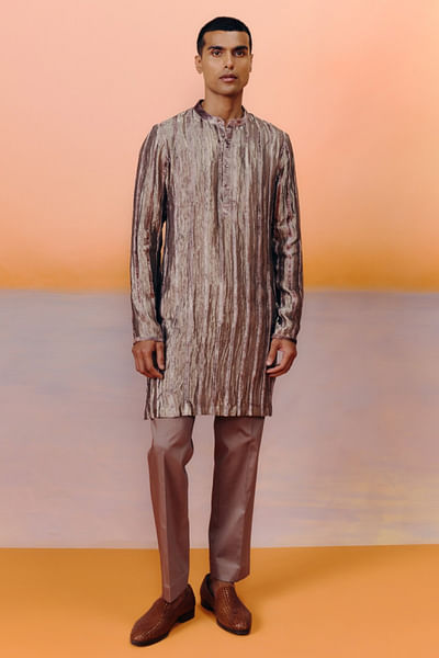 Rose brown velvet striped kurta set