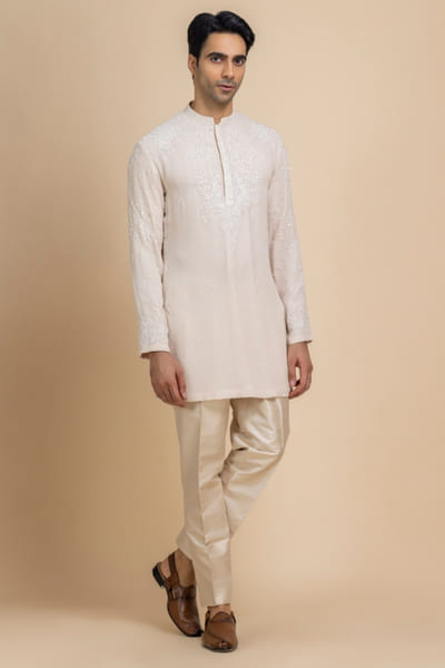 Beige thread embroidered kurta set