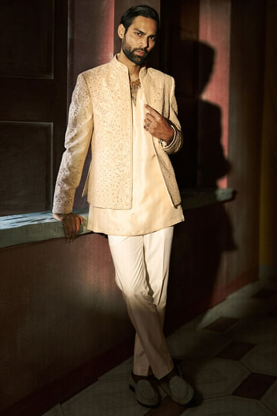 Ivory dori embroidered jacket kurta set