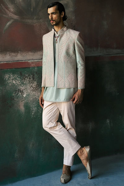 Pistachio frost dori work jacket kurta set