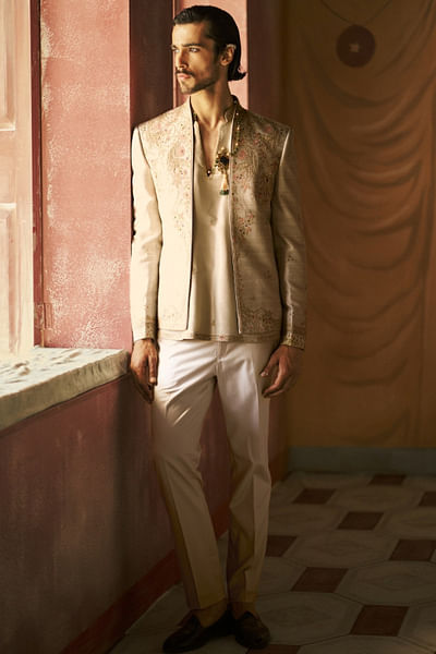 Sea floral dori embroidered jacket kurta set