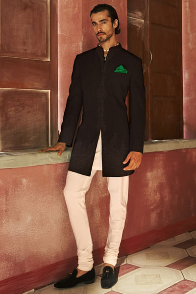 Black and white embroidered achkan set