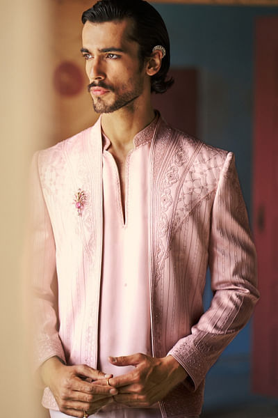 Apricot embroidered jacket kurta set